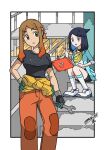  2girls 99akt1031 black_hair black_shirt black_shorts breasts brown_hair clothes_around_waist commentary_request cowlick eyelashes gloves green_eyes green_jacket hand_on_own_hip highres holding holding_wrench jacket liko_(pokemon) multiple_girls orange_pants orla_(pokemon) pants parted_bangs parted_lips pokemon pokemon_(anime) pokemon_horizons rotom rotom_phone shirt shoes short_sleeves shorts sidelocks socks t-shirt white_footwear white_shirt white_socks wrench yellow_bag 