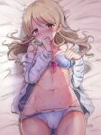  1girl artist_request bare_shoulders bed_sheet blush bra brown_eyes brown_hair highres idolmaster idolmaster_cinderella_girls long_hair long_sleeves looking_at_viewer lying morikubo_nono navel off_shoulder on_back on_bed open_clothes open_shirt panties solo sweat swept_bangs underwear 