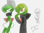  1boy 1girl alternate_hair_color ame_(pixiv_94535533) arm_at_side black_cloak black_scarf bob_cut character_name cloak closed_mouth clothed_pokemon colored_skin commentary_request cowboy_shot english_text flat_chest from_side gallade gardevoir green_hair green_outline green_skin grey_background grey_hair hair_over_one_eye hand_to_own_mouth hand_up happy highres hood hood_down hooded_cloak long_sleeves looking_at_viewer mohawk multicolored_hair multicolored_skin multiple_views one_eye_covered outline partially_colored pokemon pokemon_(creature) profile red_eyes scarf short_hair simple_background smile standing two-tone_hair two-tone_skin white_skin 
