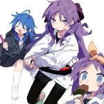  3girls :3 ahoge black_jacket black_pants blue_eyes blue_hair blush bow clenched_teeth food hair_bow hiiragi_kagami hiiragi_tsukasa holding holding_food izumi_konata jacket karei looking_at_viewer lucky_star multiple_girls open_mouth pants purple_hair short_hair simple_background socks teeth white_background white_jacket white_socks yellow_bow 