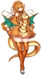  1girl bare_shoulders beret breasts closed_mouth clothing_cutout dragon_girl dragon_tail dragon_wings dragonite dress full_body hat horns katagiri_hachigou long_sleeves looking_at_viewer medium_breasts orange_eyes orange_hair orange_headwear orange_thighhighs personification pokemon short_dress shoulder_cutout simple_background single_horn smile solo tail thighhighs white_background wings zettai_ryouiki 