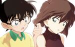  1boy 1girl :o bare_shoulders black-framed_eyewear black_hair brown_hair collared_shirt edogawa_conan glasses green_shirt haibara_ai hand_up highres holding holding_hair looking_at_another medium_hair meitantei_conan red_shirt shirt short_hair tohoho_(hoshinoyami) yellow_shirt 