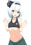  1girl 9150namihana absurdres aqua_eyes black_hairband blush commentary_request cowboy_shot green_sleeves groin hairband highres konpaku_youmu looking_at_viewer midriff navel open_mouth short_hair simple_background solo sports_bra touhou upper_body white_background white_hair 