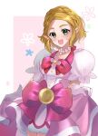 1girl :d blonde_hair blush choker commentary_request cosplay cure_flora cure_flora_(cosplay) dress eyelashes flower_choker gloves go!_princess_precure green_eyes happy highres looking_at_viewer minccino7 open_mouth pink_dress pointy_ears precure princess_zelda puffy_short_sleeves puffy_sleeves shimamura_yuu short_hair short_sleeves smile solo standing the_legend_of_zelda voice_actor_connection 