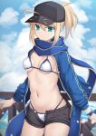  ahoge artoria_pendragon_(fate) baseball_cap bikini black_headwear black_shorts blonde_hair blue_headwear blue_jacket blue_scarf breasts cropped_jacket cross_(crossryou) fate/grand_order fate_(series) green_eyes hair_through_headwear hat highres jacket looking_at_viewer medium_breasts mysterious_heroine_x_(fate) open_clothes open_jacket outdoors ponytail scarf shorts side-tie_bikini_bottom swimsuit thigh_strap track_jacket white_bikini wristband 