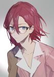  1boy absurdres blue_eyes brown_coat closed_mouth coat coat_partially_removed ensemble_stars! glasses grey_background highres looking_at_viewer male_focus multicolored_shirt pink_shirt red_hair saegusa_ibara shirt short_hair solo white_shirt yhsg 