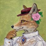 accessory anthro black_nose brooch canid canine clothing dipstick_ears female flower flower_in_hair formal formal_wear fox fur gown green_background hair hair_accessory handpaw hat headgear headshot_portrait headwear hi_res icon mammal multicolored_ears painting_(artwork) paws plant portrait realistic_fur red_fox simple_background solo traditional_media_(artwork) whiskers white_body white_fur yellow_eyes 