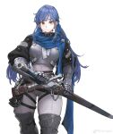  1girl absurdres armor armored_boots armored_gloves ass_visible_through_thighs blue_hair blue_scarf bodysuit boots breastplate breasts cowboy_shot earrings greaves highres holding holding_sheath holding_sword holding_weapon hoop_earrings jewelry jun_(seojh1029) large_breasts long_bangs long_hair looking_at_viewer low_twintails original pants scarf sheath sheathed skindentation solo standing sword thick_thighs thigh_strap thighs tight_clothes tight_pants twintails unsheathing weapon weibo_logo weibo_username white_background white_bodysuit yellow_eyes 