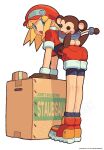  bent_over beret blonde_hair box cardboard_box data_(mega_man) duct_tape gloves green_eyes hat highres ishikawa_hideki mega_man_(series) mega_man_legends monkey monkey_tail roll_caskett_(mega_man) shoes shorts tail 