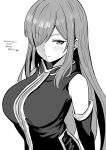  1girl absurdres blush breasts closed_mouth commentary_request detached_sleeves greyscale hair_over_one_eye highres large_breasts looking_at_viewer monochrome ossou_rocket simple_background smile solo tales_of_(series) tales_of_the_abyss tear_grants translation_request white_background 