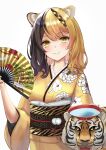  1girl absurdres animal animal_ears black_hair blonde_hair bowl braid chinese_zodiac fang folding_fan hair_ornament hand_fan highres holding holding_fan japanese_clothes kanzashi kimono long_hair looking_at_viewer multicolored_hair nail_polish new_year obi original pom_pom_(clothes) potemaka sash smile split-color_hair tiger tiger_ears tiger_girl two-tone_hair water wide_sleeves year_of_the_tiger yellow_eyes 