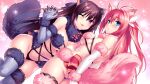  2girls :3 :p animal_ear_fluff animal_ears antenna_hair ao_no_kanata_no_four_rhythm arms_behind_back ass black_hair black_panties blue_eyes blue_fur blue_gloves blue_tail blue_thighhighs blush breasts cleavage closed_mouth commentary_request commission cosplay covering covering_ass curvy dutch_angle elbow_gloves embarrassed eyelashes eyes_visible_through_hair fake_animal_ears fake_tail fate/grand_order fate_(series) fingernails floating_hair frown fur-trimmed_thighhighs gloves hair_between_eyes hair_intakes hand_up highres kurashina_asuka large_breasts long_hair looking_at_viewer looking_back mash_kyrielight mash_kyrielight_(dangerous_beast) mash_kyrielight_(dangerous_beast)_(cosplay) midriff multiple_girls navel one_eye_closed panties paw_pose pink_background pink_fur pink_hair pink_tail purple_eyes second-party_source sharp_fingernails shiny_skin sideboob sidelocks simple_background skeb_commission skindentation smile standing stomach straight_hair tail thighhighs thighs tobisawa_misaki tongue tongue_out two_side_up underwear very_long_hair wing_hair_ornament zen_(kamuro) 