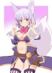  1girl animal_ear_fluff animal_ears blush bow detached_collar fox_ears fox_girl fox_tail garter_belt highres long_hair looking_at_viewer mel_(melty_pot) navel panties parted_lips pink_bow purple_hair purple_panties solo tagme tail underwear wide_sleeves yellow_eyes 