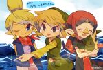  1boy 2girls :d ^_^ artist_name bandana beak belt black_dress black_eyes blonde_hair blue_jacket blush brown_belt brown_hair closed_eyes closed_mouth commentary_request dated dress floating_hair green_headwear green_shirt green_tunic hat holding jacket korok link long_hair long_sleeves low_ponytail medli multiple_girls one_eye_closed open_clothes open_jacket open_mouth parted_bangs pointy_ears ponytail purple_shirt red_bandana red_sash sash shirt short_hair short_sleeves sidelocks sleeveless sleeveless_jacket smile sparkle swept_bangs tan tetra the_legend_of_zelda the_legend_of_zelda:_the_wind_waker tokuura toon_link translation_request tunic twitter_username water waves wind_waker_(object) 