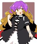  1girl black_dress blush brown_hair cape dress gradient_hair hijiri_byakuren ini_(inunabe00) layered_dress long_hair multicolored_hair open_mouth purple_hair red_cape short_sleeves smile solo touhou upper_body white_dress yellow_eyes 