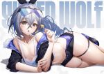  1girl breasts candy character_name crossed_bangs eyewear_on_head food goggles goggles_on_head grey_eyes grey_hair highres holding holding_candy holding_food holding_lollipop honkai:_star_rail honkai_(series) lollipop looking_at_viewer lying navel on_side open_mouth short_shorts shorts silver_wolf_(honkai:_star_rail) small_breasts solo stomach thigh_strap thighs tongue tongue_out xfate 