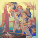  1boy 1girl absurdres apple blonde_hair blue_eyes cucco egg food fruit hat highres holding holding_food holding_fruit link princess_zelda princess_zelda_(botw) sheikah sin_node squatting the_legend_of_zelda the_legend_of_zelda:_breath_of_the_wild 