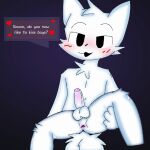  balls berryjuuce blush bodily_fluids boy_kisser_(meme) canid canine english_text erection fur genitals humanoid looking_at_viewer male mammal meme nude penis silly_cat_(mauzymice) simple_background smile solo spread_legs spreading tail text white_background white_body white_fur 