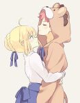  1boy 1girl 87banana ahoge animal_costume artoria_pendragon_(fate) assertive_female blonde_hair blouse blue_bow blue_skirt bow braid closed_eyes couple emiya_shirou fate/stay_night fate_(series) french_braid green_eyes hair_bow hair_bun hug lion_costume lion_hood red_hair saber shirt skirt white_shirt 