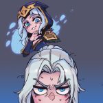  2girls annoyed ashe_(league_of_legends) black_cape blue_background blue_eyes blush breasts cape cleavage grey_background grey_hair grin hair_bun hand_up hood hood_up hooded_cape league_of_legends long_sleeves looking_at_another medium_hair messy_hair multiple_girls phantom_ix_row sejuani single_hair_bun small_breasts smile sweat teeth v-shaped_eyebrows 