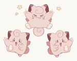  &gt;_&lt; absurdres clefairy closed_eyes closed_mouth commentary double_v english_commentary fang full_body highres looking_at_viewer magicact multiple_views no_humans one_eye_closed open_mouth pokemon pokemon_(creature) simple_background smile star_(symbol) v white_background 