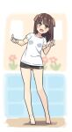  1girl :d barefoot black_shorts blurry blurry_background blush brown_eyes brown_hair depth_of_field full_body hands_up hatsunatsu leaning_to_the_side long_hair original shirt short_shorts short_sleeves shorts smile solo standing translation_request white_shirt 