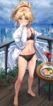  1girl barefoot black_bra black_panties blonde_hair blue_sky blush bra breasts city cloud coffee commentary_request cup day fate/apocrypha fate_(series) food green_eyes highres holding holding_cup legs long_sleeves looking_at_viewer mordred_(fate) mug navel off_shoulder panties plant ponytail potted_plant railing shirt short_hair single_bare_shoulder sky small_breasts solo standing stomach thighs tonee underwear white_shirt 