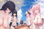  1boy 4girls :o ahoge bar_censor beach bikini bikini_bottom_only black_bikini black_bow black_hair black_wings blue_archive blue_eyes blue_sky blush bow braid breasts censored choker cloud collarbone commentary_request covering_own_eyes cyelho day erection eyes_visible_through_hair feathered_wings floral_print green_eyes hair_between_eyes hair_bow hair_over_eyes hair_ribbon hairband half-closed_eyes halo hanako_(blue_archive) hanako_(swimsuit)_(blue_archive) hanging_breasts head_wings highres hinata_(blue_archive) hinata_(swimsuit)_(blue_archive) huge_breasts jewelry koharu_(blue_archive) koharu_(swimsuit)_(blue_archive) long_hair long_sleeves looking_at_penis looking_at_viewer low_twintails low_wings multiple_girls navel nipples nose_blush o-ring o-ring_bikini o-ring_bottom one_eye_closed open_mouth outdoors parted_lips pendant penis pink_eyes pink_hair pink_halo ponytail pov print_bikini purple_hairband purple_ribbon red_eyes ribbon sagging_breasts shirt side_braid single_braid sitting sky small_breasts straight_hair swimsuit testicles topless twintails ui_(blue_archive) ui_(swimsuit)_(blue_archive) umbrella unbuttoned unbuttoned_shirt unbuttoned_sleeves very_long_hair wariza white_shirt white_umbrella wings yellow_halo 