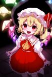  1girl :d ascot blonde_hair blush collared_shirt commentary cowboy_shot crystal drill_hair fangs flandre_scarlet frilled_shirt_collar frilled_skirt frills hair_between_eyes hat hat_ribbon highres looking_at_viewer medium_hair midoro29 mob_cap open_mouth puffy_short_sleeves puffy_sleeves red_eyes red_ribbon red_skirt red_vest ribbon shirt short_sleeves side_ponytail skirt skirt_set smile solo teeth tongue touhou vest white_headwear white_shirt wings wrist_cuffs yellow_ascot 