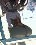  1girl ass ass_focus bare_shoulders black_scarf blonde_hair bodysuit day floating_hair from_behind gravity_daze hairband highres kitten_(gravity_daze) leaning_forward long_hair looking_at_viewer outdoors photo_background pungter red_eyes scarf sideways_glance sitting solo strapless upside-down 