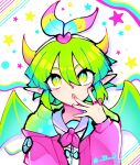  1girl :o artist_name ben-day_dots blue_bow blue_nails bow bow_hairband bright_pupils character_print cmyk draco_centauros dragon_horns dragon_wings english_commentary eveo eyes_visible_through_hair green_eyes green_hair hair_between_eyes hairband hand_on_own_face heart highres hood hood_down hoodie horns jewelry looking_up multicolored_bow multicolored_nails nail_polish neon_palette official_alternate_costume pink_bow pink_nails pointy_ears polka_dot polka_dot_hoodie purple_nails purple_sailor_collar puyo_(puyopuyo) puyopuyo puyopuyo_quest ring sailor_collar screentones short_hair simple_background solo star_(symbol) twitter_username white_background white_pupils wings yellow_bow yellow_nails 