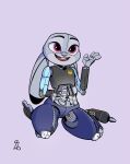  2023 animatronic anthro bl394 disney female floppy_ears gesture grey_body hi_res inline_skates judy_hopps kneeling lagomorph leporid lop_ears machine mammal purple_eyes rabbit robo_judy robot roller_skates smile solo waving zootopia 