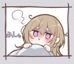  1girl :&lt; @_@ blanket blush brown_hair chibi commentary_request ebihara_beniko grey_background hair_between_eyes hands_up original parted_lips polka_dot polka_dot_background purple_eyes solo steam sweat translation_request under_covers 