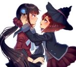  2girls black_headwear black_jacket black_sailor_collar blush bracelet brown_eyes brown_vest danganronpa_(series) danganronpa_v3:_killing_harmony esu_(tasoesu) eye_contact from_side gem glowing hair_ornament hair_scrunchie harukawa_maki hat highres jacket jewelry long_sleeves looking_at_another low_twintails miniskirt multiple_girls open_mouth pleated_skirt profile red_scrunchie red_shirt red_skirt sailor_collar scrunchie shiny_skin shirt simple_background skirt smile tears twintails vest white_background witch_hat yumeno_himiko 