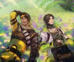  2boys apex_legends belt black_belt black_gloves black_hair black_pants black_shirt blood blood_on_face bodysuit closed_mouth coat crypto_(apex_legends) dbox_2525 facial_hair flower gloves green_sleeves highres injury lying male_focus mirage_(apex_legends) multiple_boys on_back open_clothes open_coat open_mouth outdoors pants partially_fingerless_gloves purple_flower shirt short_hair smile white_coat yellow_bodysuit 