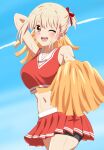  1girl ;d arm_up blonde_hair blush bob_cut breasts cheerleader collarbone commentary_request cowboy_shot crop_top dars_(recolors) hair_ribbon highres holding holding_pom_poms large_breasts lycoris_recoil midriff miniskirt nishikigi_chisato one_eye_closed open_mouth pleated_skirt pom_pom_(cheerleading) red_eyes red_ribbon red_skirt ribbon short_hair skirt smile solo standing teeth upper_teeth_only 