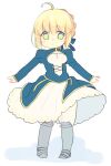  1girl 87banana ahoge armor armored_boots artoria_pendragon_(fate) blonde_hair blue_dress blue_ribbon blush boots bow braid chibi commentary_request dress fate/stay_night fate_(series) french_braid full_body green_eyes hair_between_eyes hair_bun hair_ribbon juliet_sleeves long_sleeves looking_at_viewer outstretched_arms puffy_sleeves ribbon saber short_hair sidelocks simple_background single_hair_bun skirt solo standing white_background 