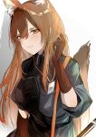  1girl animal_ears arknights between_breasts black_gloves breasts brown_eyes brown_hair extra_ears fox_ears fox_girl fox_tail franka_(arknights) gloves grey_shirt hamaguri-san_(hamagur69200744) highres id_card large_breasts long_hair looking_at_viewer parted_lips shirt simple_background smile solo tail white_background 