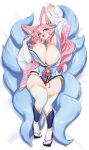  1girl absurdres animal_ears blue_eyes breasts curvy highres huge_breasts japanese_clothes large_breasts long_hair long_sleeves looking_at_viewer lying multiple_tails original pink_hair sandals smile solo tail thick_thighs thighhighs thighs wide_hips wide_sleeves yabby 