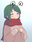  1girl alternate_costume antennae blush breath brown_sweater closed_eyes commentary_request enpera gradient_background green_hair grey_background highres long_sleeves medium_bangs open_mouth red_scarf scarf short_hair smile solo sweater swept_bangs touhou ugif upper_body wriggle_nightbug 