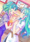  3girls aqua_hair averting_eyes bang_dream! belt bow braid brown_belt character_request dress embarrassed food french_fries green_eyes hair_bow hands_on_own_chest heart highres hikawa_hina hikawa_sayo holding holding_food long_hair looking_at_another medium_hair multiple_girls multiple_hair_bows overalls pink_eyes pink_hair restaurant shati shirt smile striped striped_shirt twin_braids white_dress 