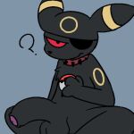  1:1 anthro balls biped black_body black_eyes black_fur eeveelution eye_patch eyewear fur generation_2_pokemon genitals half-erect looking_at_viewer male nintendo penis pokemon pokemon_(species) question_mark red_sclera silly_imp solo umbreon 