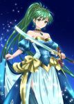  1girl alternate_costume breasts choker cleavage dress earrings fire_emblem fire_emblem:_the_blazing_blade gold_ribbon gown gown_lift green_eyes green_hair high_ponytail highres holding holding_sword holding_weapon jewelry kakiko210 long_hair looking_at_viewer lyn_(fire_emblem) medium_breasts pendant_choker ponytail ribbon smile solo sword very_long_hair weapon 