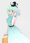  1girl absurdres adapted_costume bag belt bracelet closed_mouth commentary_request dress gradient_dress green_dress green_eyes green_hair grey_background highres jewelry koino22 ofuda ofuda_on_clothes short_hair simple_background smile soga_no_tojiko touhou translation_request 