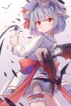  1girl absurdres back_cutout bat_wings closed_mouth clothing_cutout commentary_request dress grey_background grey_hair hat hat_ribbon highres index_finger_raised katsukare long_sleeves looking_at_viewer mob_cap red_eyes red_nails red_ribbon remilia_scarlet ribbon short_hair smile solo thigh_strap touhou white_dress white_headwear wings 
