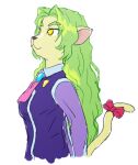  1girl ascot bow closed_mouth erma_(tenchi_muyou!_gxp) eyelashes furry furry_female green_fur hair_intakes highres light_green_hair long_hair looking_up no_pupils pink_ascot pink_bow simple_background smile solo tail tail_bow tail_ornament tenchi_muyou! thick_eyebrows wavy_hair white_background yellow_eyes zawabug 