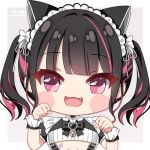  1girl animal_ears artist_name bandaid bandaid_on_breast bell black_hair black_ribbon blunt_bangs blush_stickers breasts cat_ears chibi commentary cropped_shirt ear_piercing fangs fpsmoe frills grey_background hair_ribbon hands_up heart indie_virtual_youtuber jingle_bell large_breasts looking_at_viewer maid_headdress multicolored_hair no_nose open_mouth piercing pink_eyes pink_hair puffy_short_sleeves puffy_sleeves ribbon rikotan_(vtuber) shirt short_sleeves smile solo streaked_hair twintails underboob upper_body virtual_youtuber white_ribbon white_shirt 