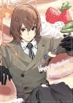  1boy akechi_gorou anger_vein black_gloves black_pants brown_hair cezaria closed_mouth collared_shirt commentary food fork fruit gloves grey_jacket hair_between_eyes happy_birthday highres holding holding_fork jacket knees_up long_sleeves looking_at_viewer male_focus necktie pancake pants persona persona_5 red_eyes shirt short_hair sitting solo strawberry syrup whipped_cream white_shirt 