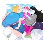  adventure_time big_breasts big_butt blonde_hair blush bodily_fluids bottomwear breast_size_difference breast_squish breasts bulumble-bee butt cartoon_network clothed clothing curvy_figure digital_media_(artwork) female fionna_the_human group group_sex hair headgear headwear hi_res huge_breasts huge_butt human humanoid looking_at_viewer mammal marceline_abadeer not_furry open_mouth pink_body pink_hair princess_bubblegum sandwich_position sex simple_background smile squish sweat teeth text thick_thighs topwear trio undersized_clothing voluptuous wide_hips 