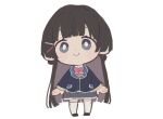  1girl arms_at_sides black_footwear black_hair black_jacket blazer blunt_bangs blush_stickers bow bowtie bright_pupils brown_sweater chibi closed_mouth collared_shirt full_body grey_eyes grey_skirt hair_ornament hairclip highres jacket kmgm_co long_hair looking_at_viewer nijisanji no_sclera pigeon-toed pink_bow pink_bowtie pleated_skirt school_uniform shirt shoes skirt smile solo standing staring sweater thighhighs tsukino_mito tsukino_mito_(1st_costume) very_long_hair virtual_youtuber white_background white_pupils white_shirt white_thighhighs 